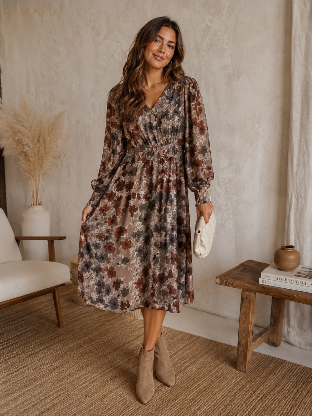 EUC Bohme Smocked Wrap Brown Floral Midi Long Balloon Sleeve Boho Dress